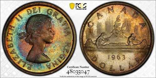 1963年 PCGS MS63 カナダ シルバードル S$1 - 鮮やかな??色調