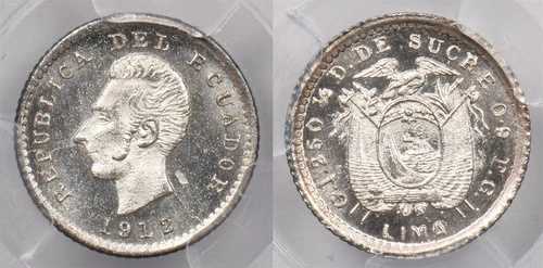 エクアドル 1912年 L FG 1/2 デシモ イーグル 動物 PCGS MS 65 希少 リマ PC1254