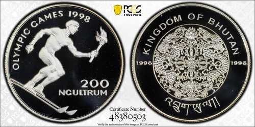 1996年ブータン 200ニュルタム冬季オリンピック銀貨 PCGS PR 69 DCAM