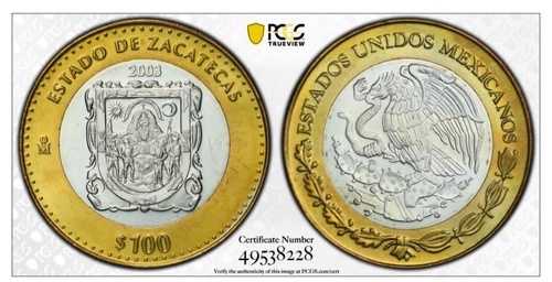 2003年 メキシコ サカテカス 100ペソ バイメタルシルバー センター PCGS MS65 ゴールドシールド