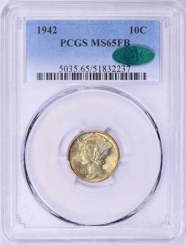 1942年 マーキュリー銀貨 10セント硬貨 PCGS MS-65 FB CAC ステッカー レインボートーン エンドロールアルバム