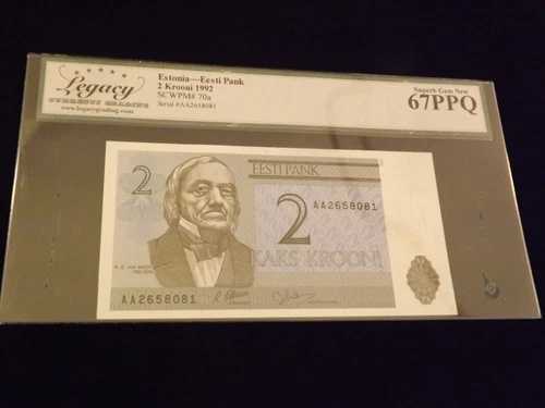 1992 エストニア 2 KKroonai Eesti Pank Note PCGS 67 PPQ