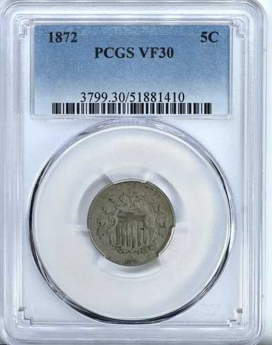 1872年シールドニッケルコイン PCGS VF 30グレード 非常に良好なオリジナルコイン #3799