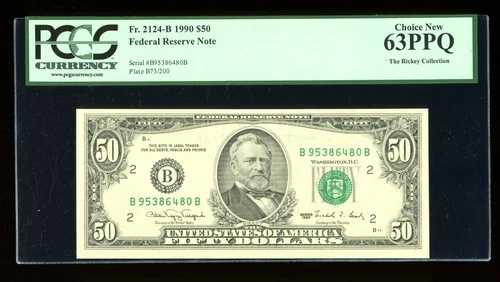DBR 1990 $50 FRN ニューヨーク Fr. 2124-B PCGS 63 PPQ シリアル B95386480B