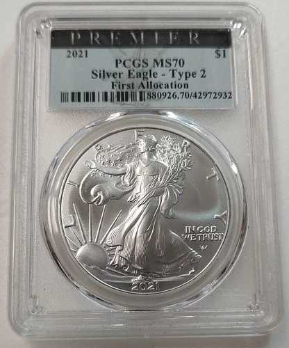 2021年 1ドル アメリカン シルバー イーグル PCGS MS70 タイプ2 初回割当 プレミアラベル