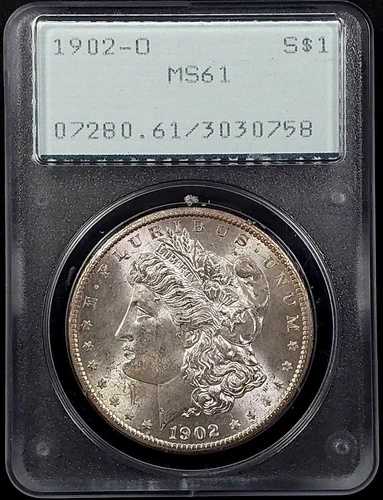 1902年 O モルガン・ダラー、PCGS MS 61 認定！オールドグリーンの「ラトラー」ホルダー付き！