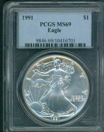1991 アメリカン シルバー イーグル ASE S$1 PCGS MS69 MS-69 オリジナル コイン!