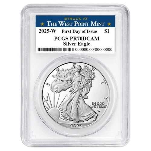 2025-W プルーフ 1ドル アメリカン シルバー イーグル PCGS PR70DCAM FDOI ウェストポイント ラベル ホワイト