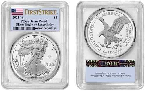 2025 W シルバー アメリカンイーグル $1 レーザー プライビー PCGS ジェム プルーフ ファーストストライク #2