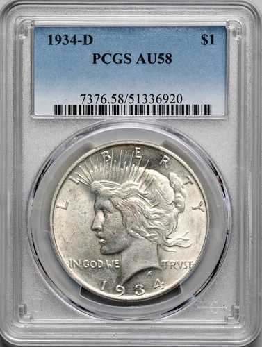 1934-D 平和ドル、PCGS AU58