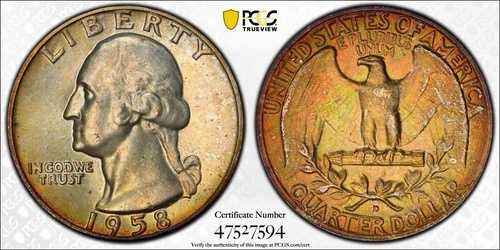 1958-D ワシントン 25セント クォーター PCGS MS 66 サンセットトーン リバース