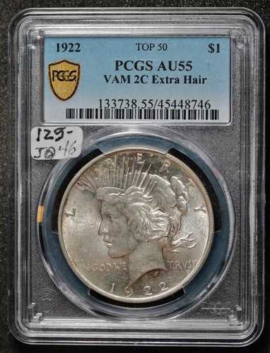 1922年ピース銀貨。PCGSゴールドシールド。PCGSホルダー入り。AU 55。j046