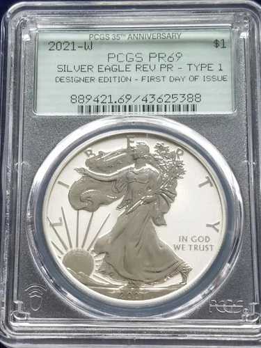 2021-W アメリカン シルバー イーグル T1 Rev プルーフ | PCGS PR69 | FDI 35周年記念