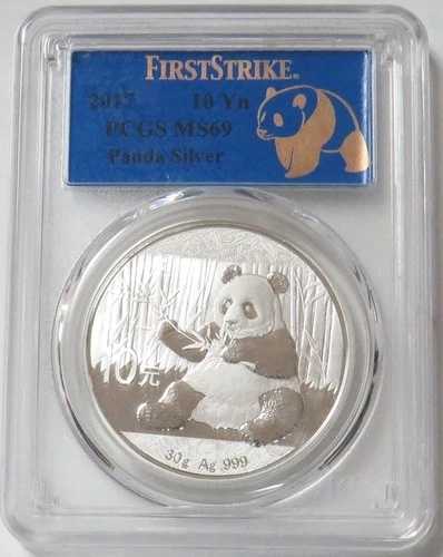 2017年 シルバー 中国 10元 30g パンダ ブルーラベル コイン PCGS MS 69 ファーストストライク