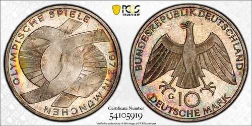 MS65 1972年ドイツオリンピック銀貨10マーク、PCGS Trueview、美しいレインボートーン