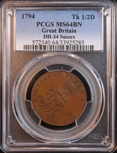 1794 年 イギリス サセックス、ノーシャム コンドル 1/2 ペニー トークン DH-34 - PCGS MS64 BN!