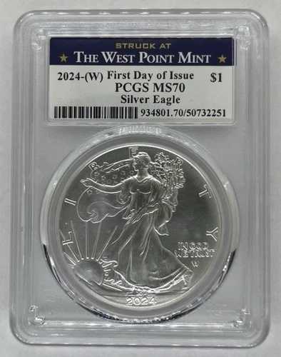 2024-(W) シルバーイーグル、PCGS MS70、発行初日、ウェストポイント造幣局で鋳造