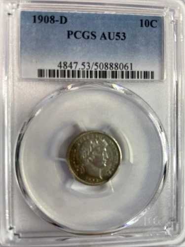 1908-D バーバーダイム PCGS AU53 90% シルバー リバティヘッドコイン