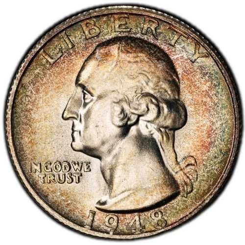 MS66 1948-S 25セントワシントン銀貨、PCGS Trueview、良好な色調