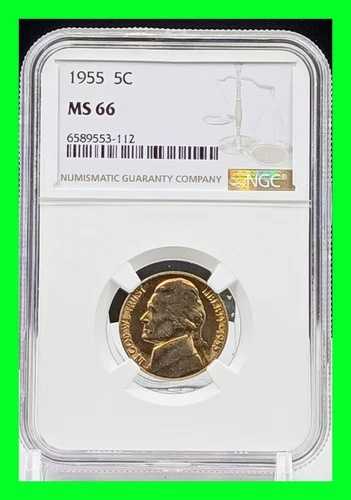 1955年 5セント NGC MS 66 ジェファーソンニッケル ~ 両面に均一な独特の色調