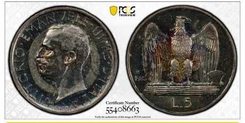 世界の銀貨: * 1926 R イタリア 5 リラ PCGS AU55 *