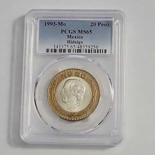 メキシコ 1993 イダルゴ 20 ヌエボス ペソ バイメタル シルバー .925 PCGS MS65 コイン # (348)