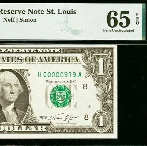 1974年 1ドル連邦準備銀行券 - PMG 65EPQ - バースデー・ロー シリアル番号 00000919
