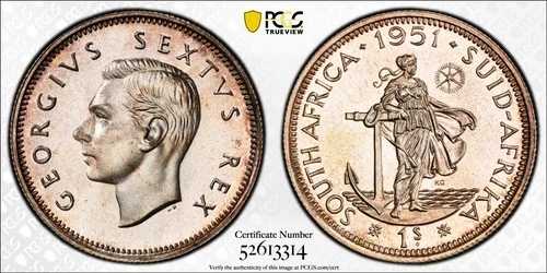 PR66 1951年 南アフリカ シルバー 1シリング プルーフ、PCGS トゥルービュー - 良好な色調