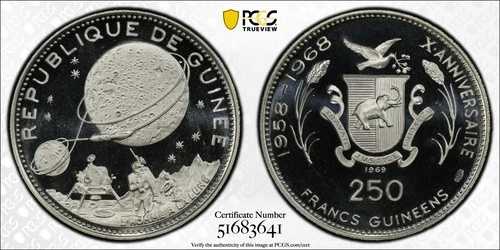 1969年 ギニー 250フラン 月面着陸宇宙飛行士銀貨 - PCGS PR67DCAM