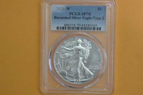 2021-W バーニッシュ仕上げ 1ドル アメリカン シルバー イーグル、T-2、PCGS SP70
