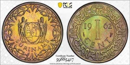 MS66BN 1962 1C スリナム 1 セント フィッシュ、PCGS トゥルービュー - レインボー トーン ソロ トップ ポップ!