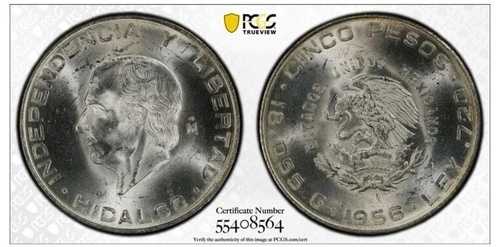世界の銀貨: * 1956年 メキシコ 5ペソ KM-469 PCGS MS64 *