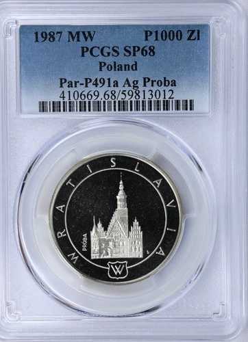 1987 ポーランド 1000 ズロティヒ Par-P491a Ag Proba Wratislavia 銀貨 PCGS SP68