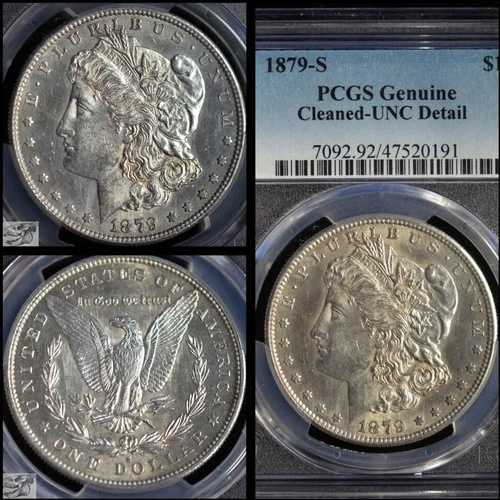 1879年 S モルガン・ダラー、PCGS UNC 詳細、クリーニング済み、プルーフ状のフィールド、ホワイト、C6751