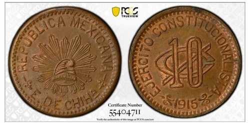1915年 メキシコ 10センターボ 銅貨 チワワ KM-613 PCGS MS63BN
