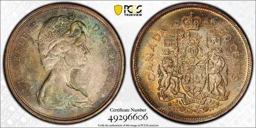 MS65 1966年 50C カナダ シルバー 50セント、PCGS トゥルービュー - 美しいトーン