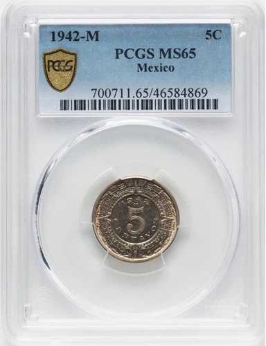 メキシコ エスタドス ウニドス 1942 5 センタボス コイン、PCGS 認定宝石 未流通 MS65