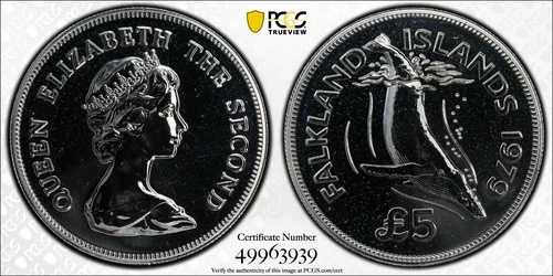 1979年 フォークランド諸島 5ポンド ザトウクジラ銀貨 Km# 11 PCGS MS68
