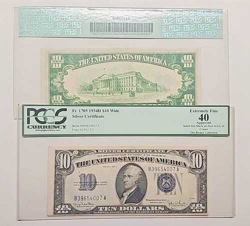 PCGS35/40 1934D 10ドル シルバー証明書 紙 擦り傷/インク跡 ミュール/幅広 3531A/4007A