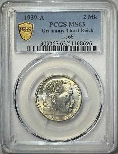 1939-A 2 Mk ライヒスマルク - J-366 - ドイツ第三帝国第二次世界大戦銀貨 - PCGS MS63