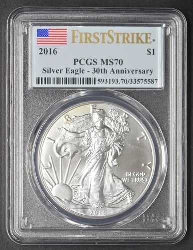 2016年 シルバーイーグル ファーストストライク PCGS MS70 30周年記念 $1 - COINGIANTS -