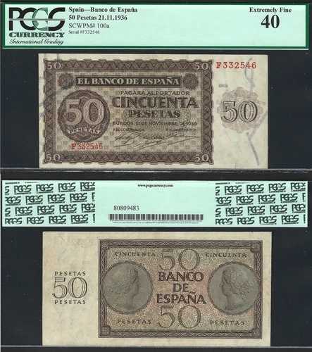 スペイン - スペイン 50ペセタ 1936 Pick.100a EBC / XF PCGS 40