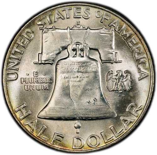 1957-D PCGS MS65 FBL フランクリンハーフ、PQ表面と美しいレインボーリムトーニング付き