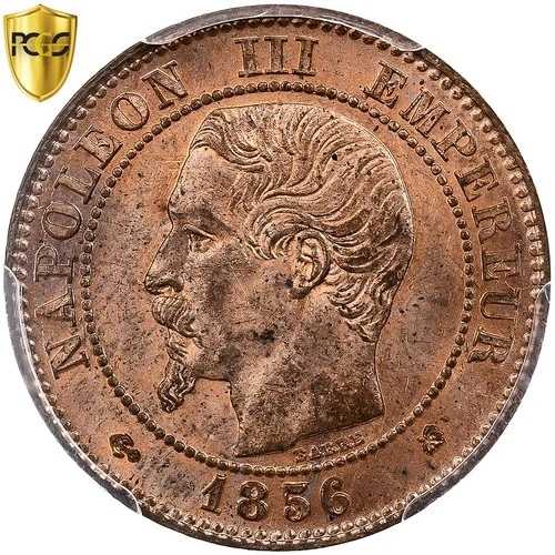 [#96334] フランス、ナポレオン 3 世、2 サンタイム、1856 年、ボルドー、ブロンズ、PCGS、MS64RB