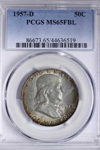 GEM BU 1957-D フランクリン ハーフダラー PCGS MS65FBL ミントセット トーニング!ACWX