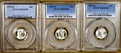 3枚セット - 1941-D PCGS MS65 FB マーキュリーダイム - すべてのコインの95%以上が真っ白