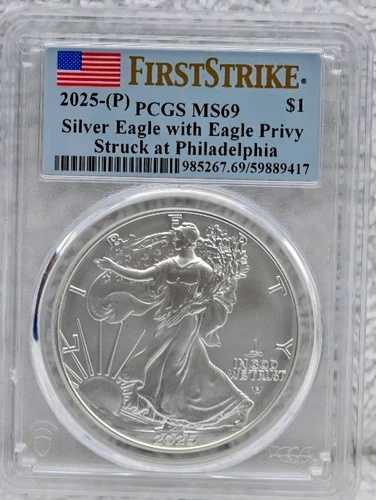 2025 (P) $1 1オンス シルバー イーグル W/イーグル プリビー PCGS MS69 ファーストストライク - フラッグラベル