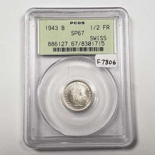 1943-B スイス 1/2フラン 0.0671オンス ASW - OGH PCGS SP 67 見本 - F7806