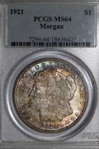 レインボートーン 1921-P モルガン銀貨 PCGS グレード MS64 (在庫番号: 18636425)