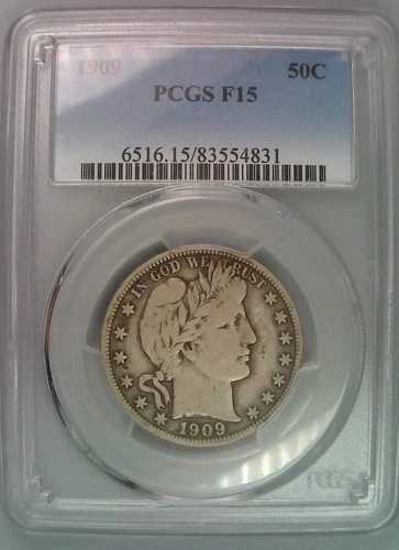 1909年 P バーバー ハーフダラー - PCGS グレード F 15 - 銀90%
